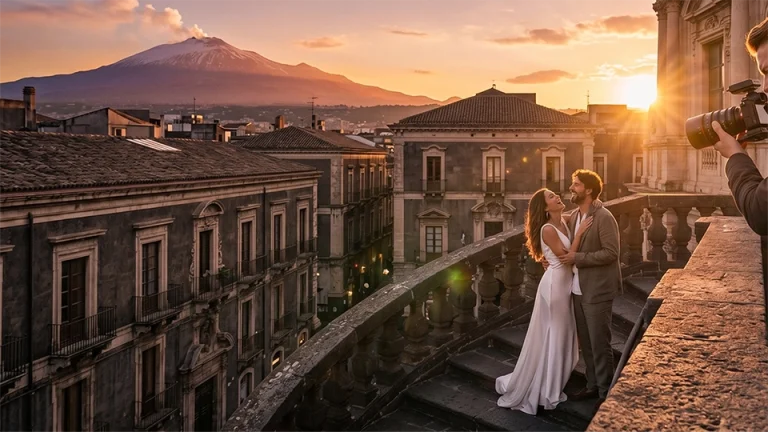 Scatto dei migliori fotografi di Catania nel 2026 durante un matrimonio con vista sull'Etna e barocco