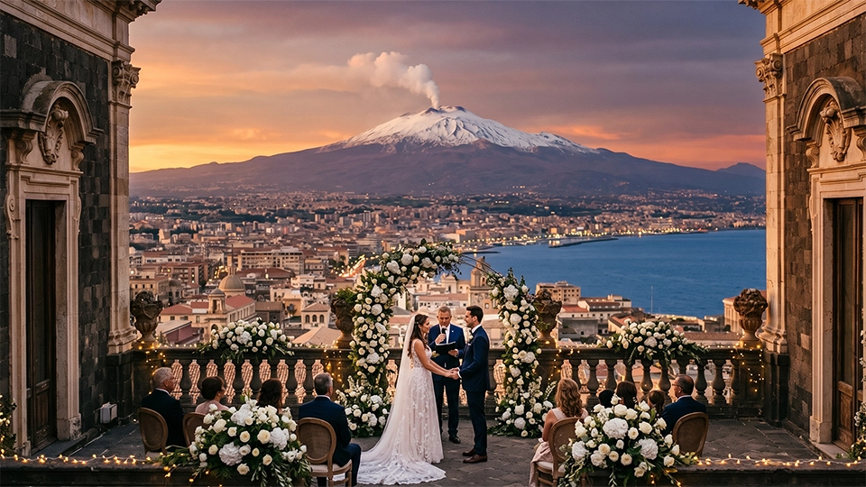 Cerimonia nuziale spettacolare su una terrazza esclusiva, tra le migliori location matrimoni Catania con vista Etna, stagione 2026-2027