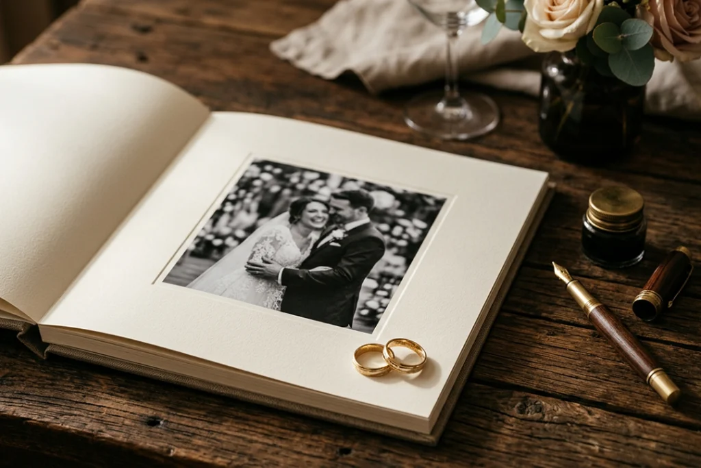 Prezzi fotografo matrimonio Sicilia: mockup di un elegante album di nozze su un tavolo di legno scuro con fedi d'oro.