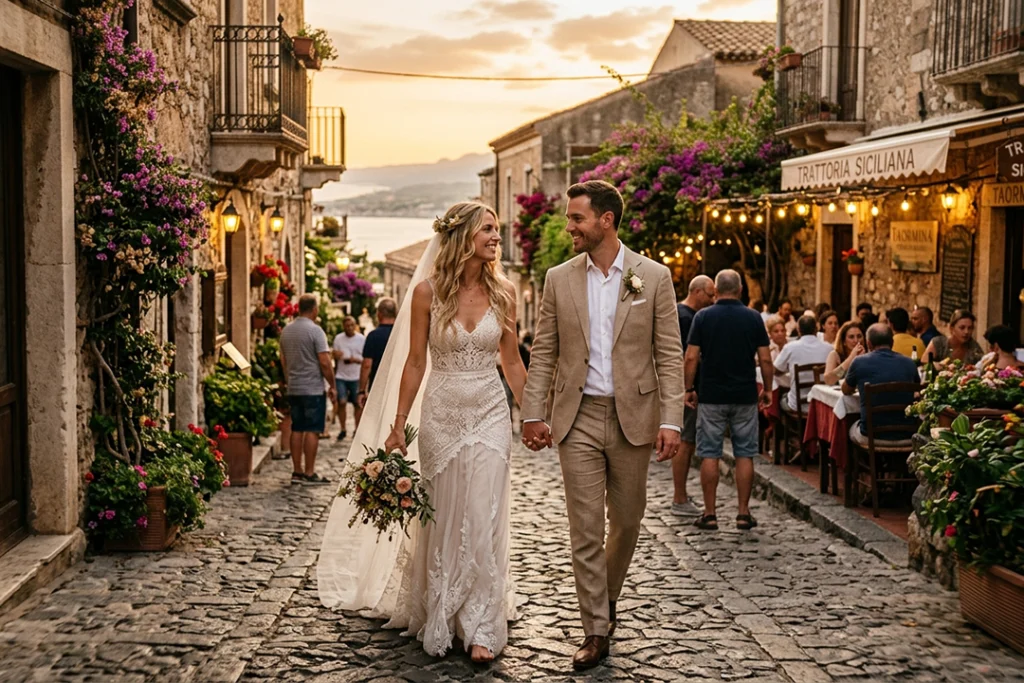 Destination wedding Sicilia: sposi stranieri che passeggiano per le storiche vie di Taormina a braccetto al tramonto.