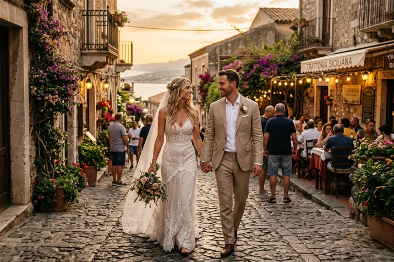 Destination wedding Sicilia: sposi stranieri che passeggiano per le storiche vie di Taormina a braccetto al tramonto.