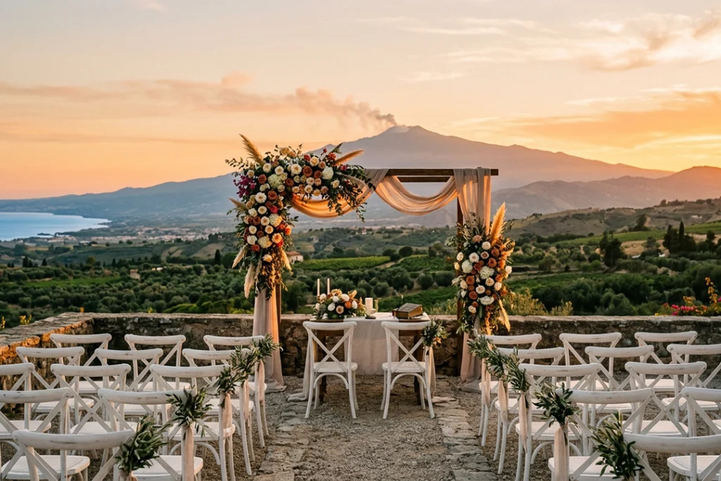 Rito civile all aperto Sicilia: altare nuziale all'aperto allestito per il matrimonio al tramonto con vista sull'Etna.
