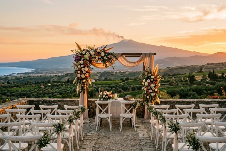 Rito civile all aperto Sicilia: altare nuziale all'aperto allestito per il matrimonio al tramonto con vista sull'Etna.
