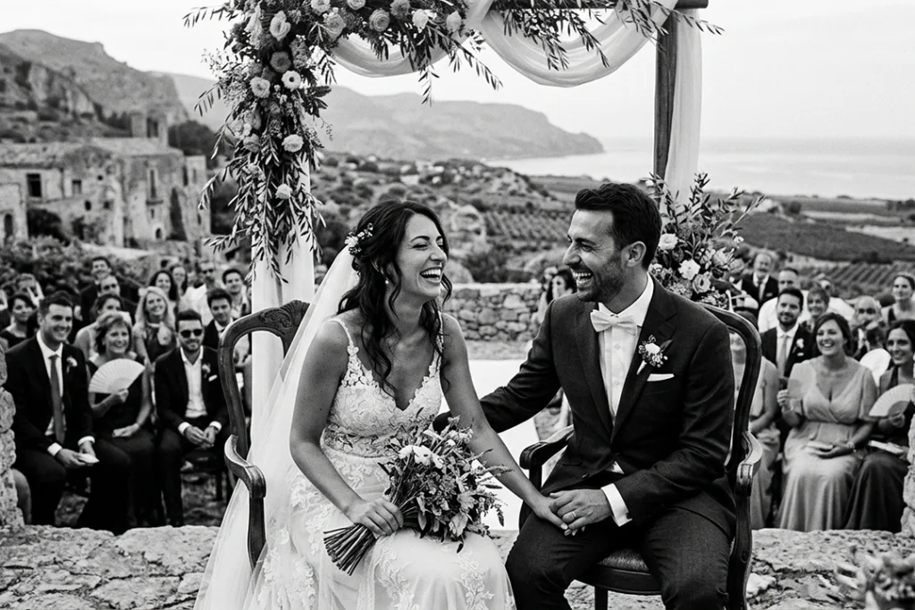 Fotografia bianco e nero matrimonio: ritratto intimo ed emozionante in bianco e nero di sposi che sorridono durante la cerimonia.