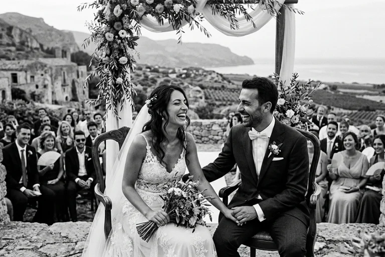 Fotografia bianco e nero matrimonio: ritratto intimo ed emozionante in bianco e nero di sposi che sorridono durante la cerimonia.