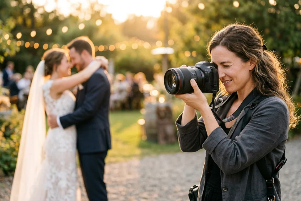 Reportage matrimonio ottiche fisse: fotografo che impugna una fotocamera professionale con obiettivo a focale fissa, coppia sposi sfocata sullo sfondo.